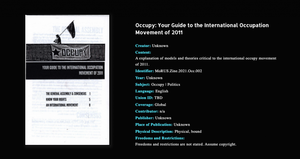 Occupy: Your Guide to the International Occupation Movement of 2011 with xZineCorex metadata fields. Full PDF available online. 